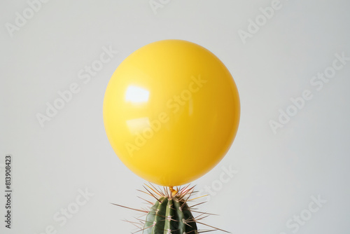 A fragile balloon on a sharp prickly cactus. Fragility and protection concept