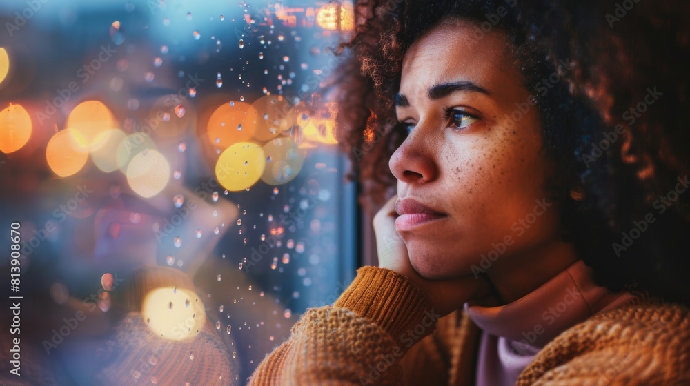 A woman with curly hair is looking out a window A woman with curly hair is looking out a window