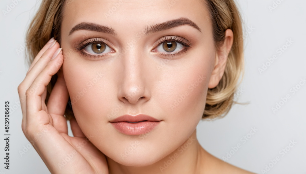Fototapeta premium Portrait of a young woman with a serene expression. Her blonde hair is neatly styled, accentuating her clear skin, and subtle makeup accentuating her natural beauty.