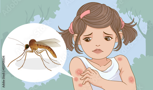 Mosquito bite. The child is itching. Healthcare illsutration. Vector illustration.
