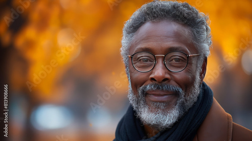 Portrait of positive bearded African American senior male wearing eyeglass with gray hair and looking at camera standing outdoors in front of a residential area home photo