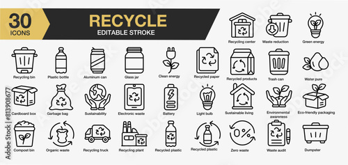 Set of 30 Recycle icon set. Editable Stroke Icon Collection. Includes water pure, plastic bottle, battery, waste audit, recycling truck and More. Outline icons vector collection.