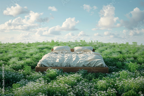 White Bed in the green grass fIeld, 3d render