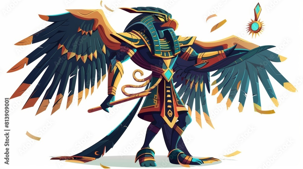 An ancient Egyptian sun god Horus cartoon modern isolated on a white background. This is a religious symbol of Egyptian culture, a great god holding sacred symbols in his hands with a human figure An ancient Egyptian sun god Horus cartoon modern isolated on a white background. This is a religious symbol of Egyptian culture, a great god holding sacred symbols in his hands with a human figure