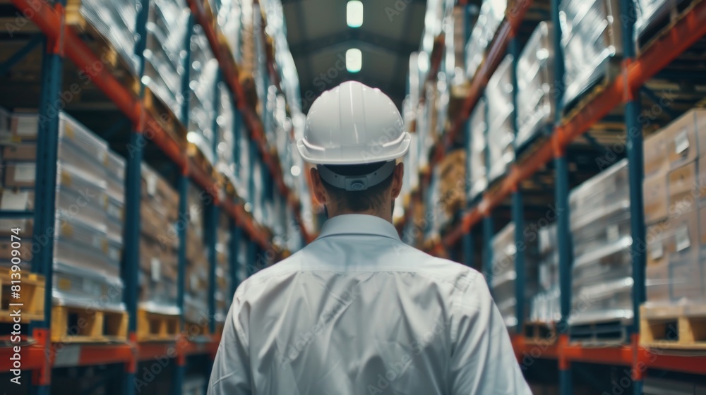 He is in a large warehouse with rows of pallet racks and is filling out spreadsheets on his personal computer. He is in a large warehouse with rows of pallet racks and is filling out spreadsheets on his personal computer.