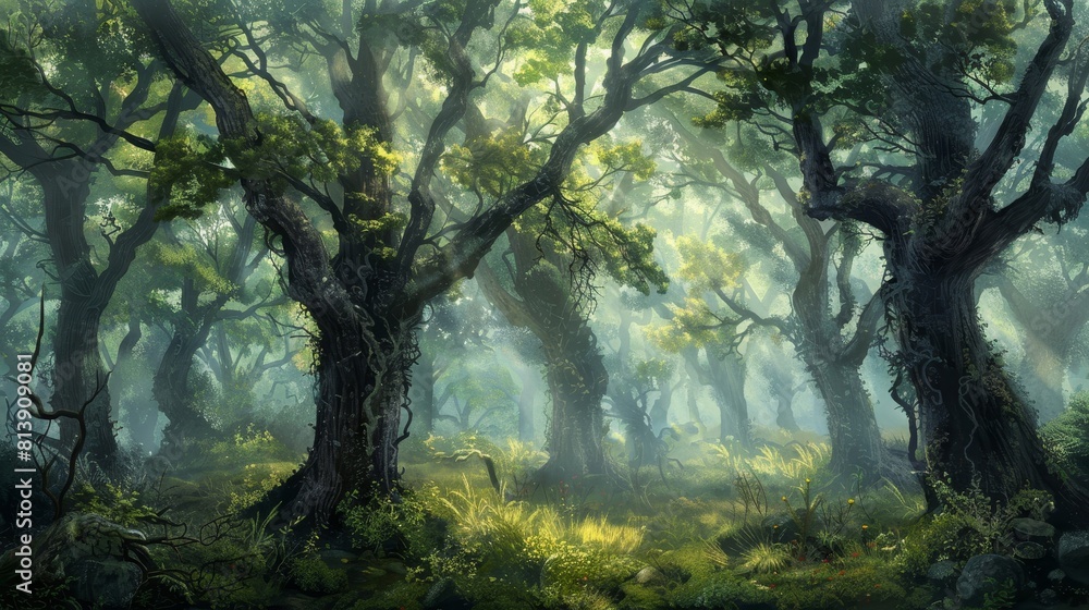 Whispering winds carry forest songs echoing through trees background