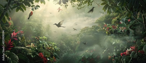 3d wallpaper with a beautiful jungle scene featuring birds  flowers  clouds  jungle trees and vines in a misty tropical forest landscape. Birds depicted
