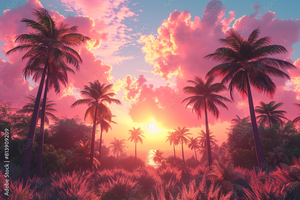 Fototapeta premium Palm trees during pink sky sunset, bottom view