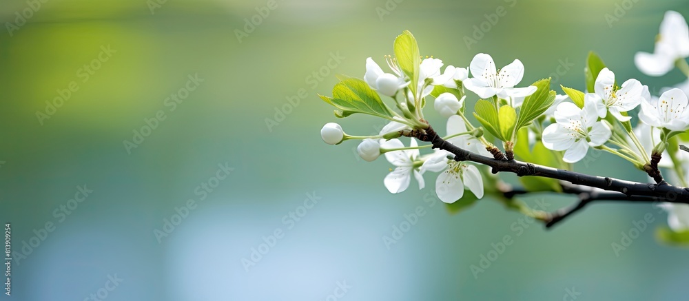 A serene spring day with a white blossomed apple branch set against a vibrant green backdrop of nature under the warm sun with a blurred background adds a pleasing copy space image A serene spring day with a white blossomed apple branch set against a vibrant green backdrop of nature under the warm sun with a blurred background adds a pleasing copy space image