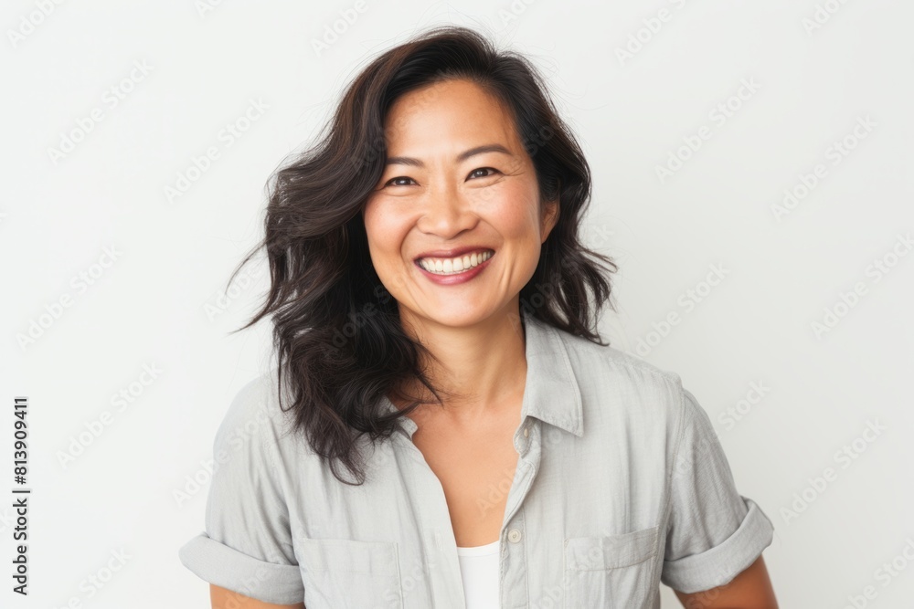Portrait of a cheerful asian woman in her 40s smiling at the camera in white background Portrait of a cheerful asian woman in her 40s smiling at the camera in white background