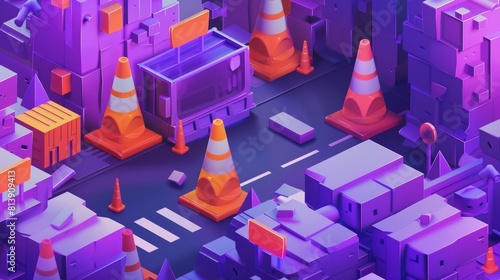 Construction site, maintenance work or error page modern illustration. Traffic cone, road traffic sign, purple UV web page banner. photo