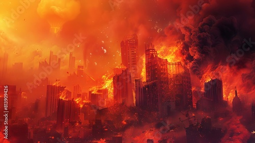 Capture a dystopian cityscape engulfed in the fiery glow of a raging wildfire photo