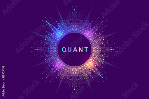 Scientific vector illustration quantum computer technology. Plexus fiction effect. Deep learning artificial intelligence. Big data algorithms visualization. Quantum explosion background.