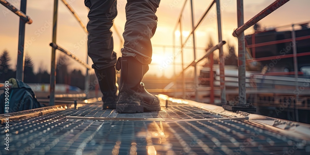 Close up of worker walking on grating at construction site Close up of worker walking on grating at construction site