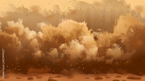 Realistic illustration of desert sandstorm, brown dusty clouds or dry sand flying with gusts of wind, big explosion isolated on transparent background. photo