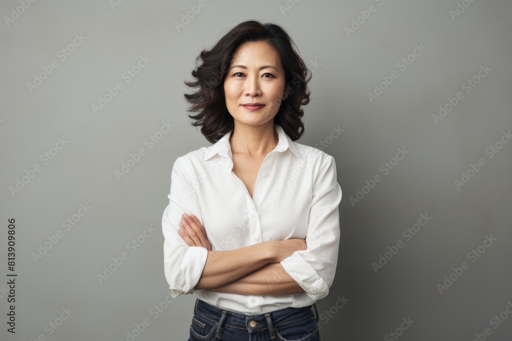 Portrait of a content asian woman in her 40s with arms crossed over white background Portrait of a content asian woman in her 40s with arms crossed over white background