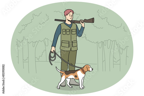 Male hunter in khaki uniform with dog on leash in forest. Man hunting with canine in wild nature. Vector illustration.