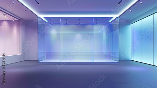 Display case frame on exhibition wall. Transparent showcase for museum  gallery or exhibit presentation. Interior of exhibition hall  realistic 3D modern illustration.