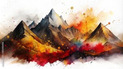 Abstract watercolor mountain landscape in black, gold and red colors with splash of paintings