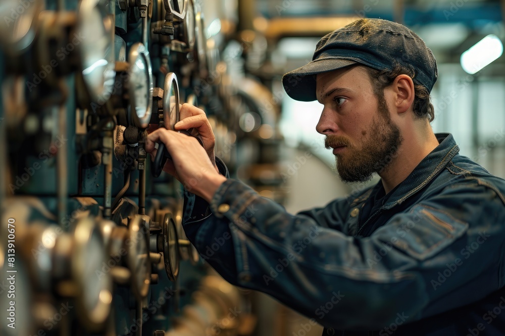A technician meticulously oils a gleaming industrial machine. A technician meticulously oils a gleaming industrial machine.