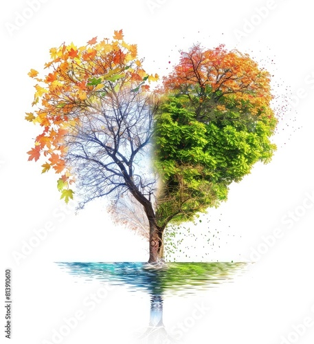 4 seasons in the shape of a heart  winter  spring  summer  autumn  fall  one tree  nature landscape background  creative collage concept for Valentine s Day card design template