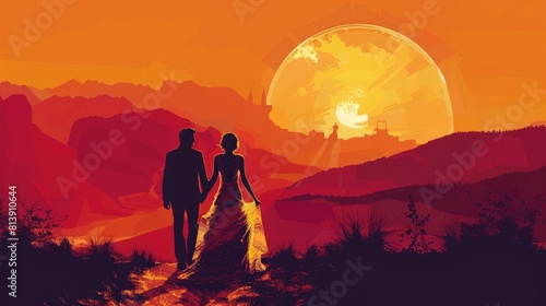 Capture the intimate moment of a couple walking hand in hand towards a stunning sunset backdrop in a pre-wedding photography shoot Include intricate lace details on the brides flow