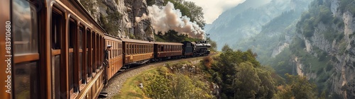 A vintage steam train traversing through the breathtaking mountains of CariARCHI. White clifftop and lush greenery, with scenic views of valleys and rivers. The exterior is in an old-fashioned style, photo