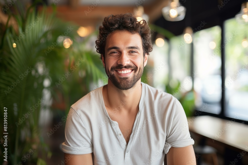 Portrait of a happy young man with a charming smile, sitting in a cozy cafe Portrait of a happy young man with a charming smile, sitting in a cozy cafe