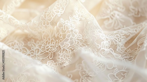 Capture the intricate lace of the bridal gown in a close-up shot, revealing delicate details that highlight the craftsmanship and elegance, perfect for pre-wedding invites