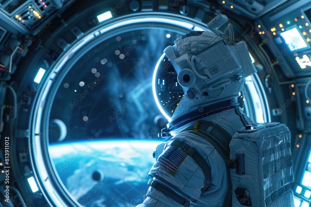 A man in a space suit gazing out into space. Ideal for science fiction or space exploration concepts A man in a space suit gazing out into space. Ideal for science fiction or space exploration concepts
