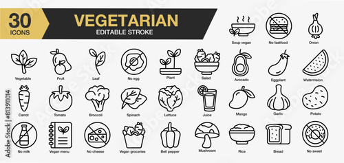 Set of 30 Vegetarian icon set. Editable Stroke Icon Collection. Includes salad, vegan, fruit, leaf, plant, rice, bread, and More. Outline icons vector collection.