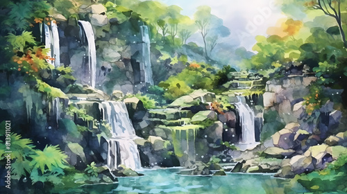 Cascading waterfalls watercolor