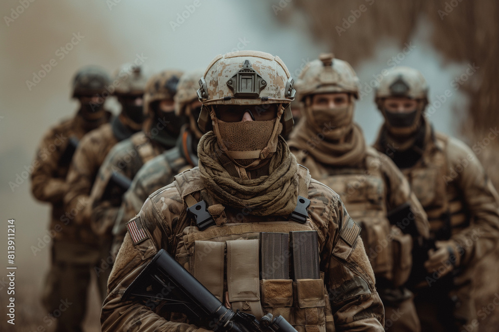 Team of military infantry men with weapons moving patrolling to the camera Team of military infantry men with weapons moving patrolling to the camera