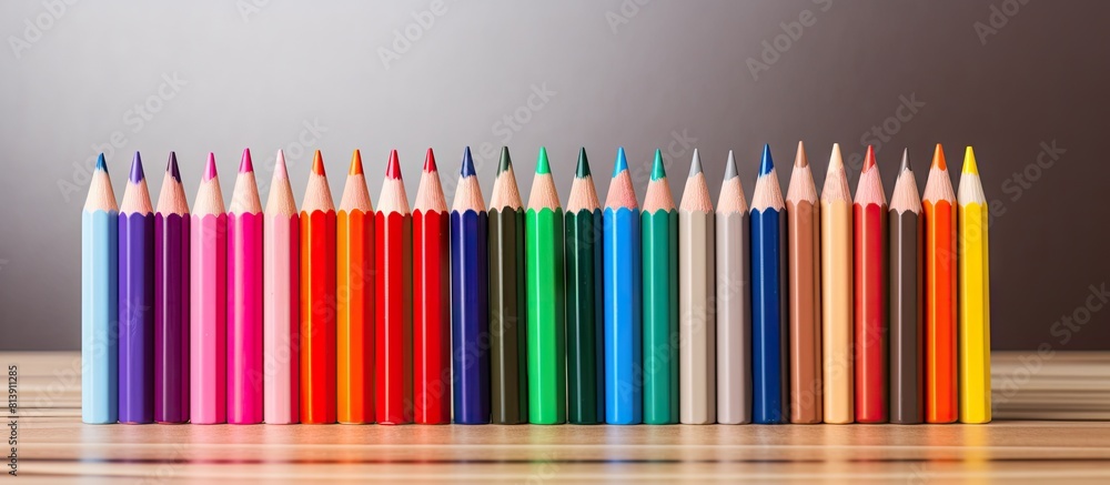 Obraz premium A vibrant array of colored pencils and a sketchbook rest on a wooden board leaving ample room for creative exploration in the copy space image