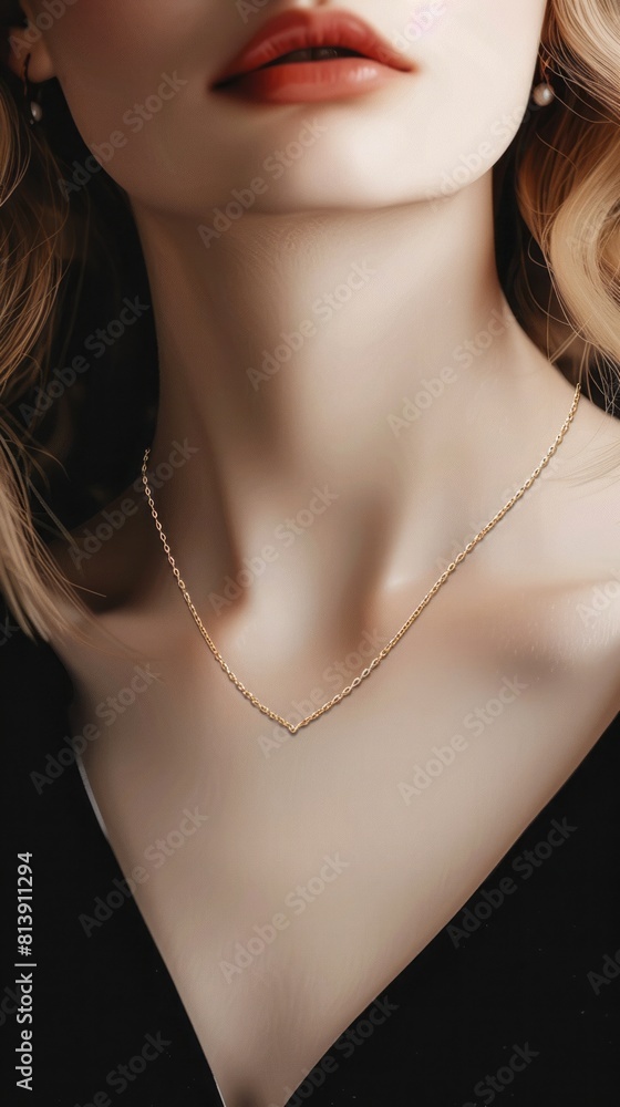 Elegant Woman Showcasing Chain Necklace and Earrings Close-up