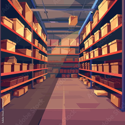 Modern Warehouse Interior with Cardboard Boxes Cartoon Style