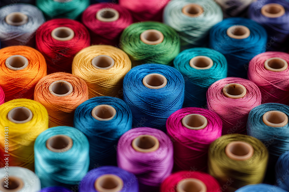 Close up Sewing threads multicolored background, Threads in a tailor textile fabric.
Close up Sewing threads multicolored background, Threads in a tailor textile fabric.