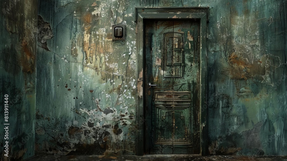 Craft a thought-provoking composition featuring a bold frontal perspective of a weathered door at 42 degrees angle Craft a thought-provoking composition featuring a bold frontal perspective of a weathered door at 42 degrees angle