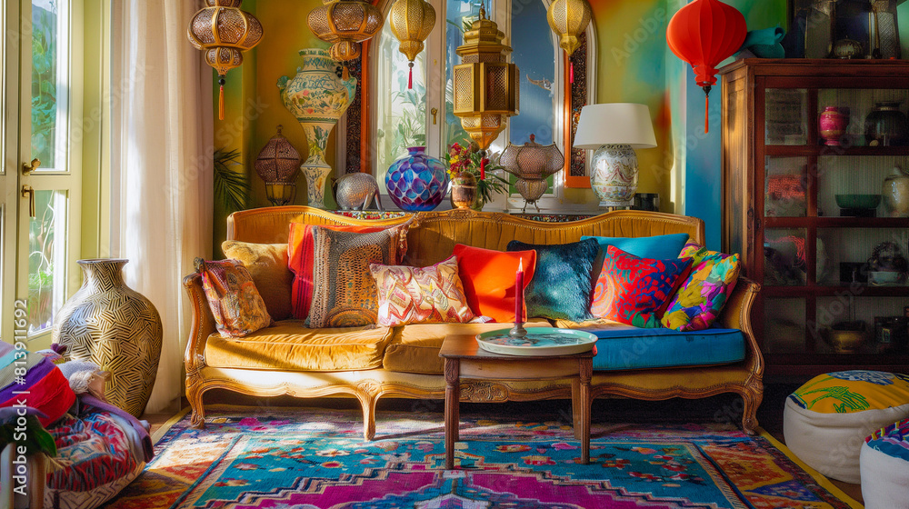Eclectic and Vibrant Bohemian Living Room Interior with Traditional Textiles and Exotic Decor
