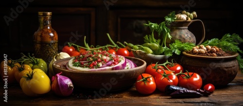 On an old wooden background there is a copy space image of a variety of products required to make the classic Turkish dish Imam Bayildi These include fresh ripe vegetables and sumac all cooked with o © Ilgun