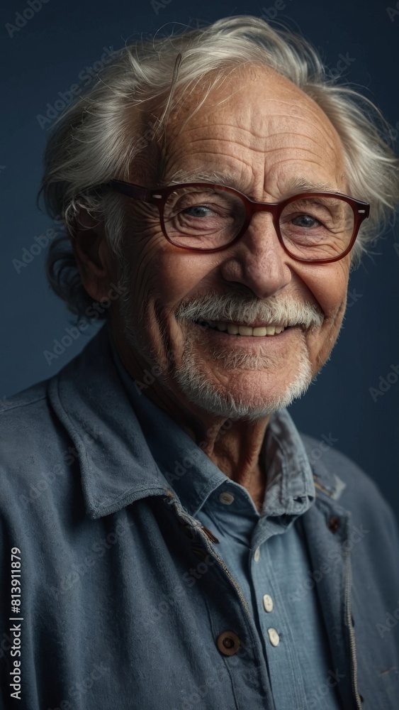 The gray-haired elderly man smiles happily. Indigo background. The gray-haired elderly man smiles happily. Indigo background.