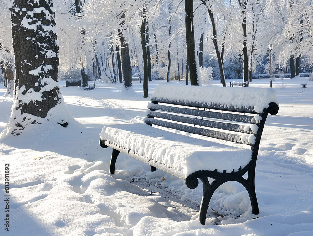 A snow-covered bench in a peaceful park, with a raw and rustic style. Winter Wonderland retreat.