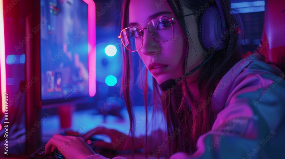 Pro gamer girl playing First-Person Shooter on her personal computer. Cute casual geek wearing glasses and wearing headset. Neon room. Pro gamer girl playing First-Person Shooter on her personal computer. Cute casual geek wearing glasses and wearing headset. Neon room.