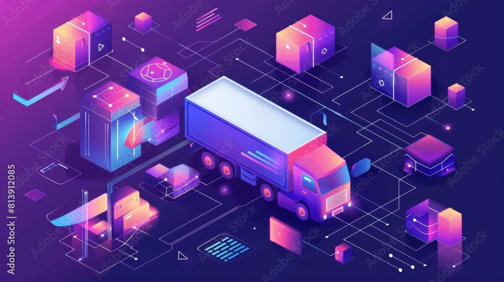 This isometric web banner features a futuristic logistics service, with smart forklift loading cargo to warehouse and futuristic technical freight. It features a truck delivery datum block, modern This isometric web banner features a futuristic logistics service, with smart forklift loading cargo to warehouse and futuristic technical freight. It features a truck delivery datum block, modern
