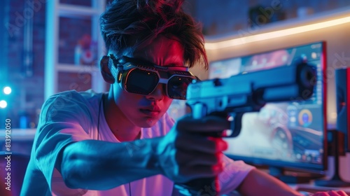 A gaming enthusiast wearing a VR headset plays an online video game shooter using joysticks / controllers as shotguns. Cool neon colors in the background. photo
