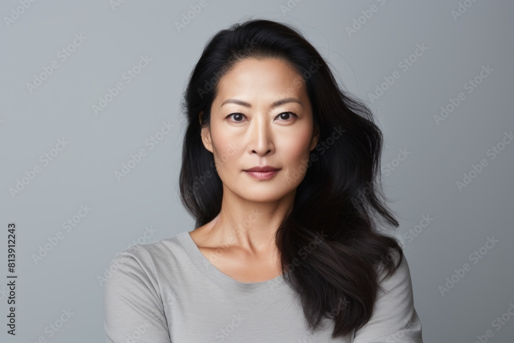Portrait of a tender asian woman in her 40s with arms crossed isolated in white background Portrait of a tender asian woman in her 40s with arms crossed isolated in white background