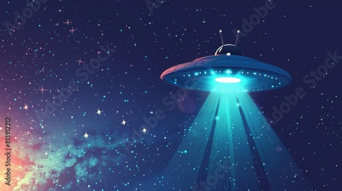Design a side view cartoon character of a mischievous alien peeking out from behind a glowing UFO  set against a starry galaxy backdrop with twinkling stars