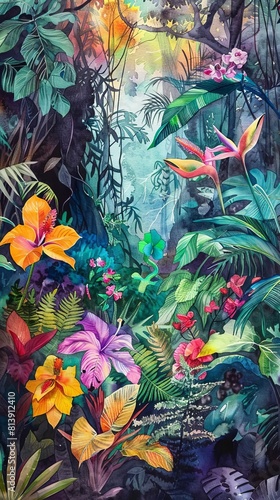 Design a vivid watercolor piece featuring an eye-level perspective of a lush forest teeming with vibrant
