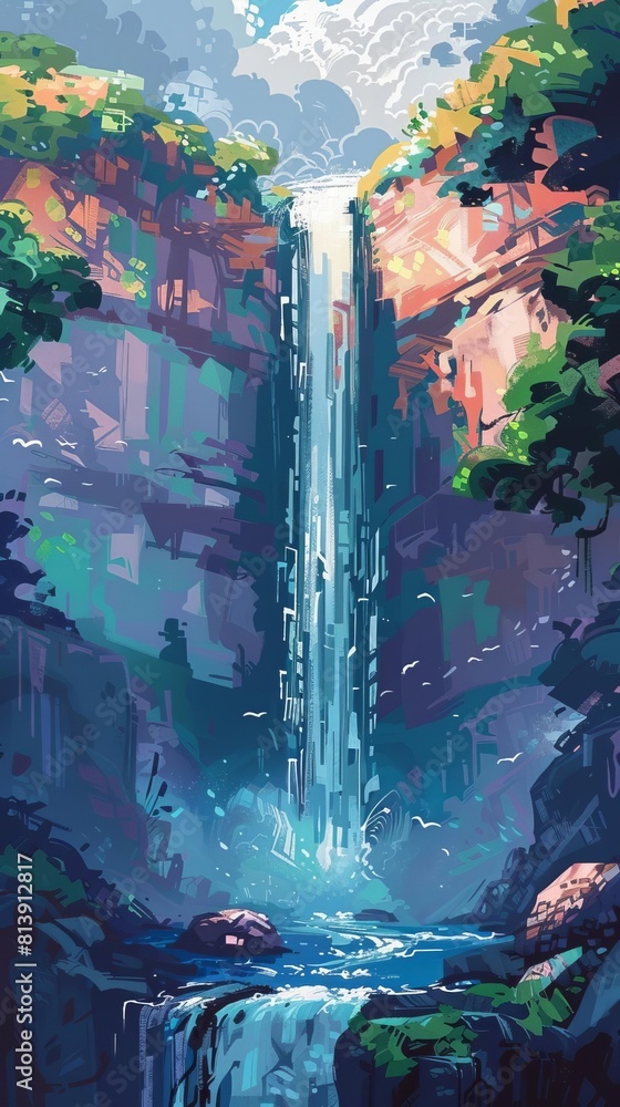 Obraz premium Illustrate a cascading waterfall seen from below