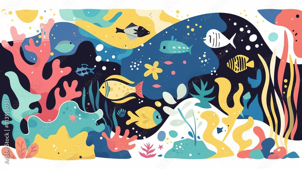 Illustrate a whimsical underwater scene with a wide-angle perspective, showcasing colorful marine life in a flat design style that is both playful and visually engaging